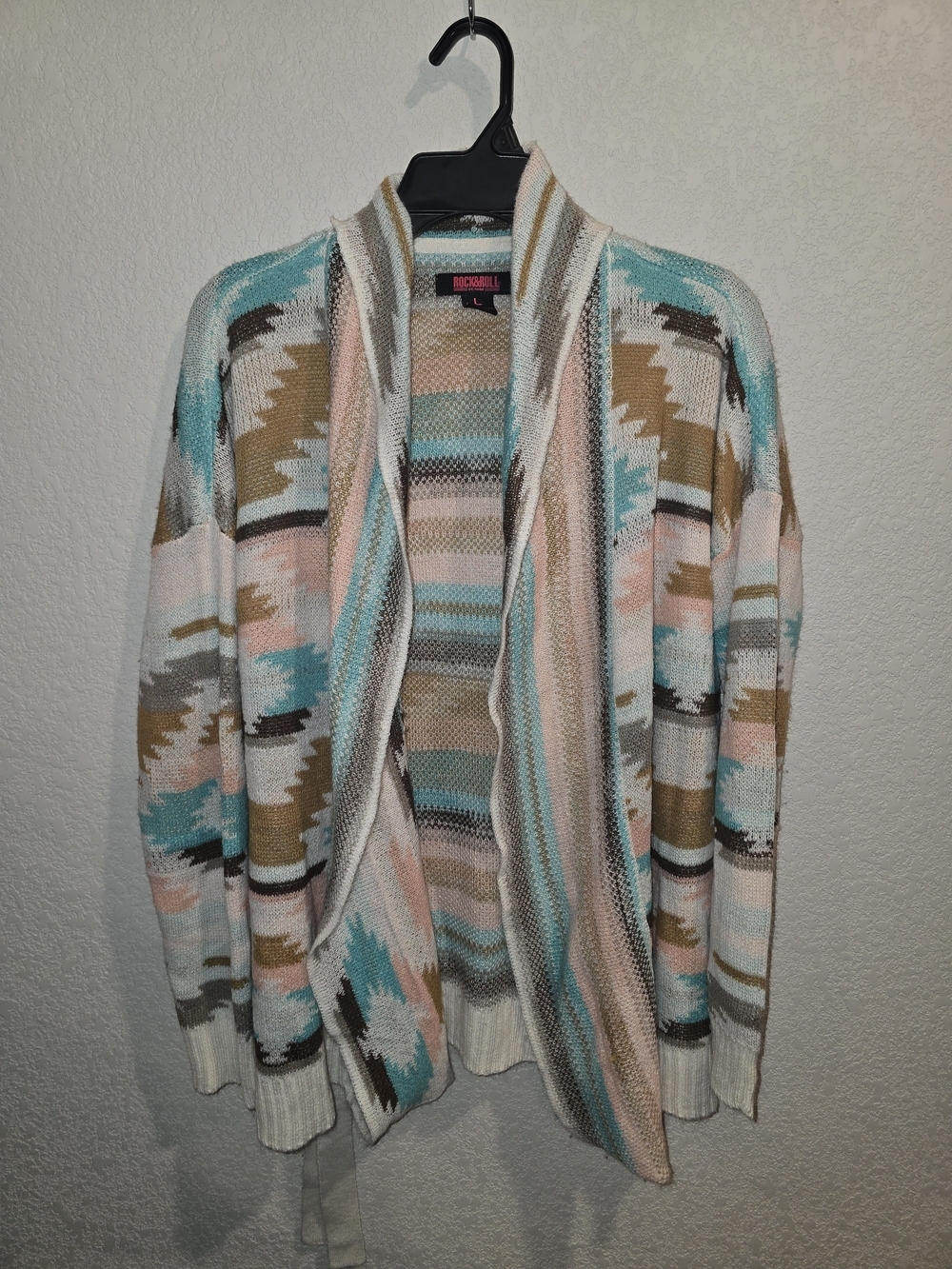 Rock & Roll Cowgirl Teal Blush Cream Aztec Open Cardigan